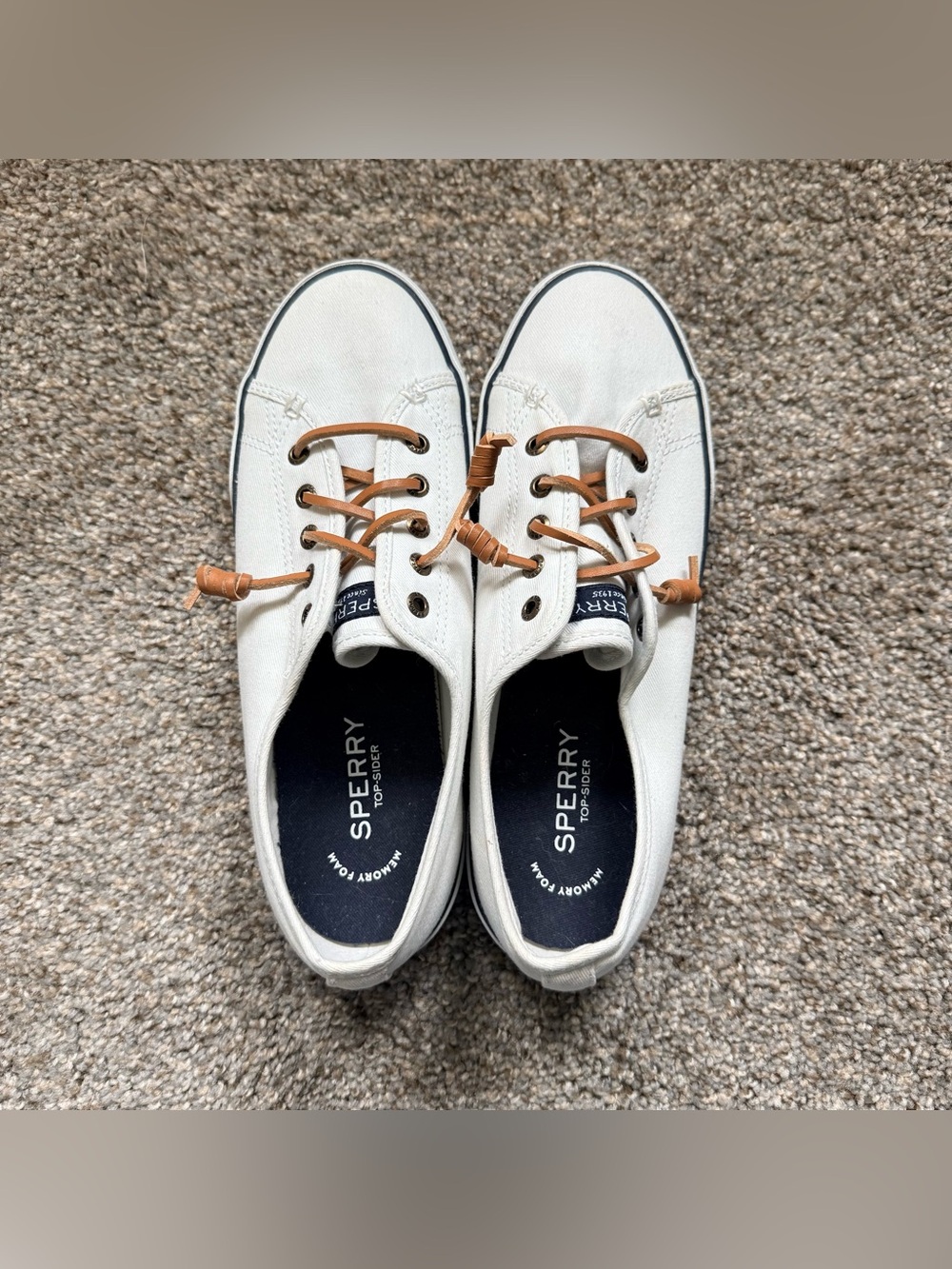 Sperry White Canvas Boat Shoes with Brown Laces